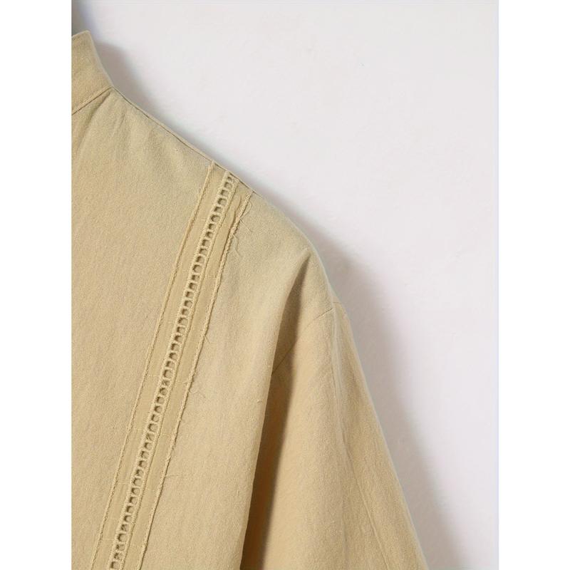 Men's Solid Ethnic Style Band Collar Jacket For Spring Summer, Stylish Casual Cotton Shirt For Males 5