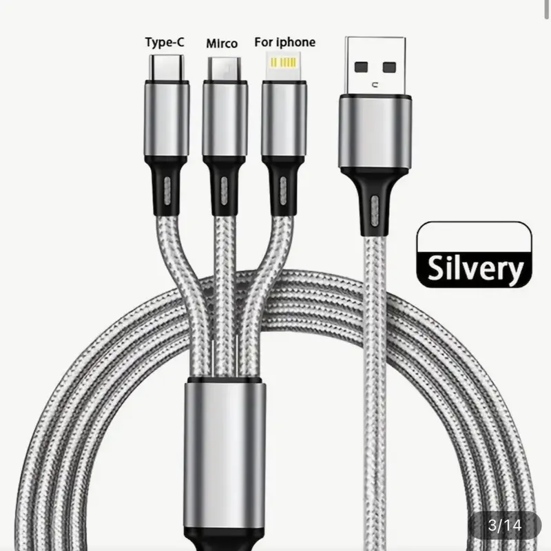 3 in 1 Charging Cable Pack of 3 for Mobile and Electronic Devices - Silver, Fast Charging, 1.2m Length - Cellphone, Smartphone Charger 1