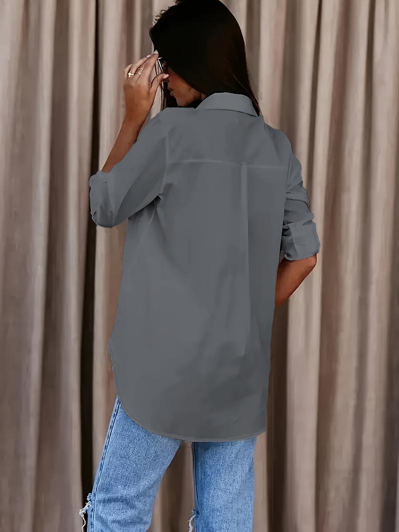 Product Introduction of Solid Button Front Shirt, Casual Turn Down Collar Office Work Shirt, Women's Clothing 10