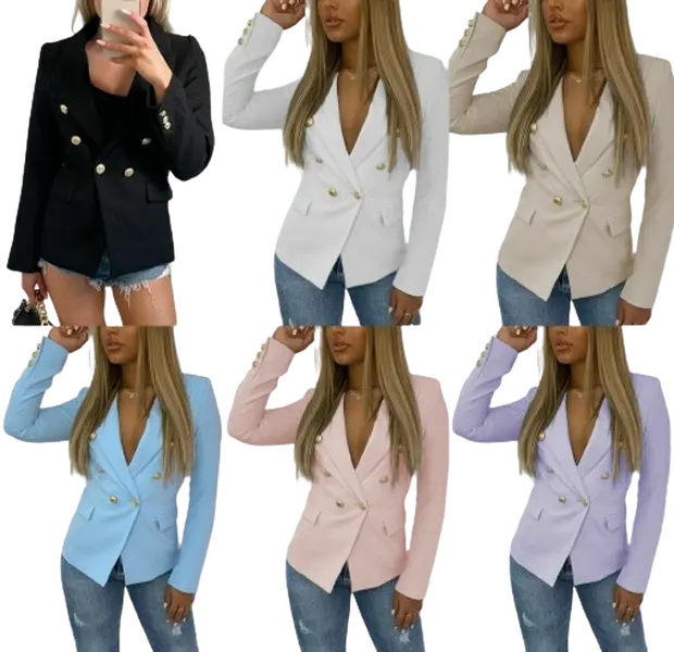Women’s Ladies Gold Button Double Breasted Padded Shoulder Blazer Outwear Jacket Long Sleeve Sleeve Womenswear Dress Coats Comfortable Tops Underwear Lady Outerwear Longsleeves Fitted Basic Minimalist