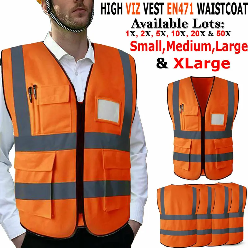 Hi Vis High Viz Visibility Vest Waistcoat Safety Supertouch Reflective W/ Pocket Waterproof Windproof Orange/Yellow Colors Polyester 8