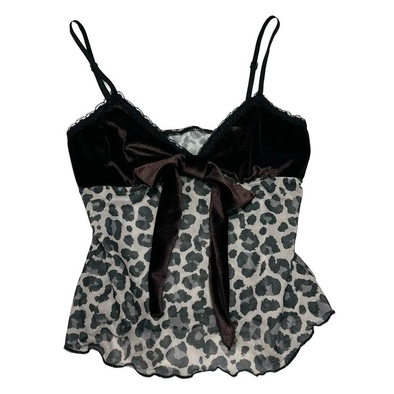 Leopard Print Mesh Cami Top with Brown Velour Bow Detail Y2K 90s Night Out Lightweight Style Statement 1