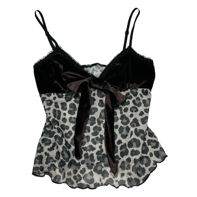 Leopard Print Mesh Cami Top with Brown Velour Bow Detail Y2K 90s Night Out Lightweight Style Statement 0