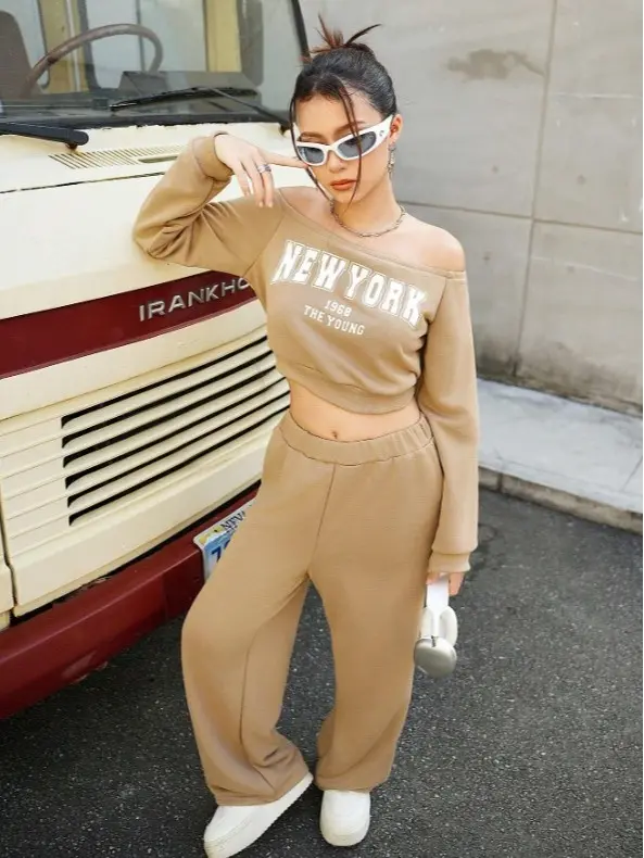 Kids 2pcs/Set Teenage Girls Casual Off-Shoulder Sweatshirt And Sweatpants Set 3