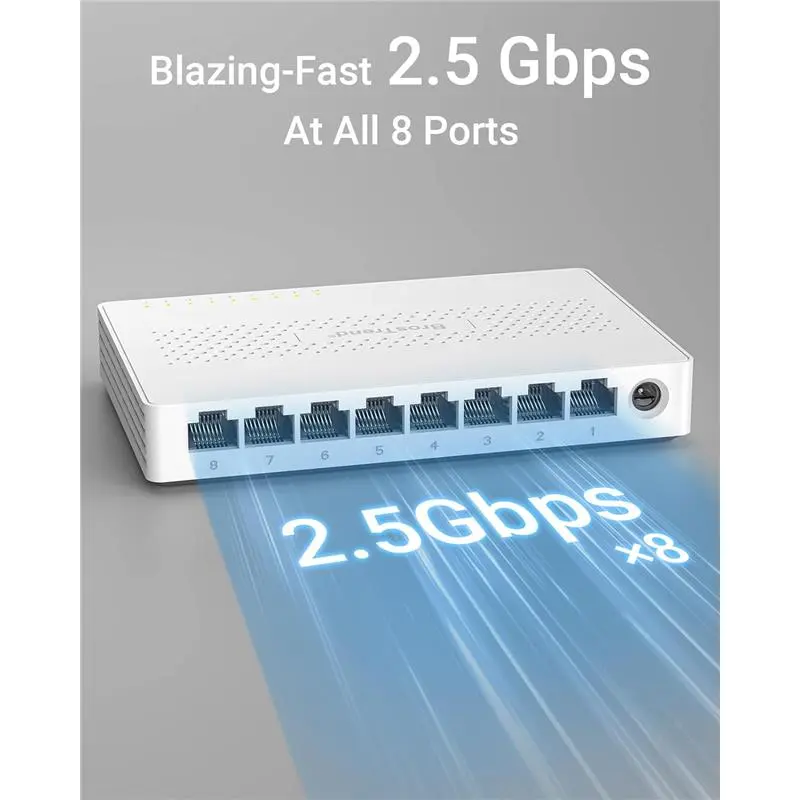 8 Port 2.5Gb Ethernet Switch, Multi-Gigabit Unmanaged Network Switch for Gaming Office Home NAS PC, 2.5G Ethernet Splitter Hub Plug & Play, Fanless, Desktop Wall-Mount, Lifetime Protection 1