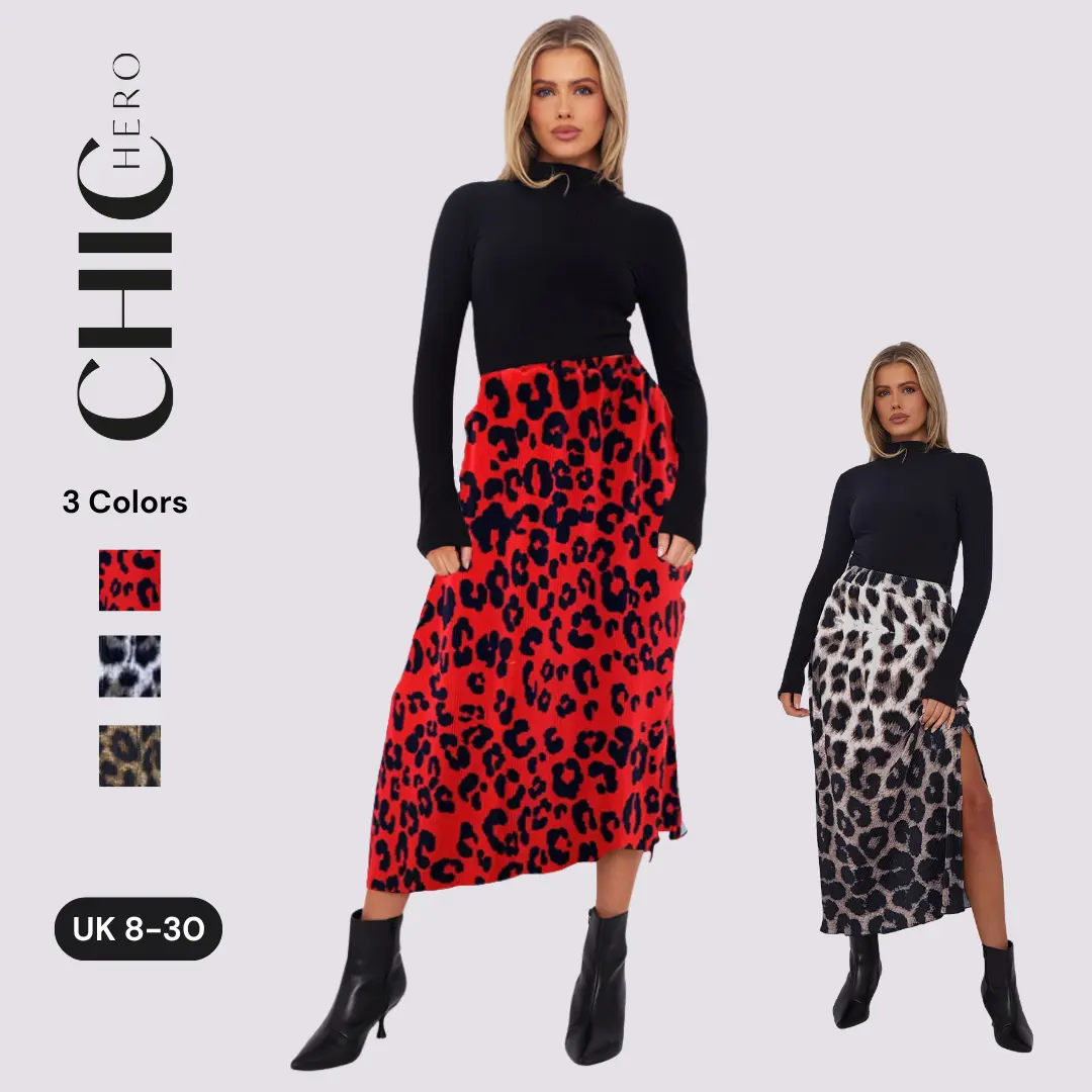 2025 ChicHero Leopard Print Elasticated Waist Pleated Comfort Casual Fit Maxi Skirt