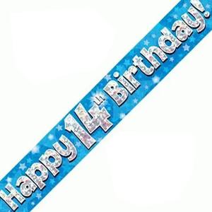 Blue Happy 14th Birthday Holographic Foil Banner 274cm