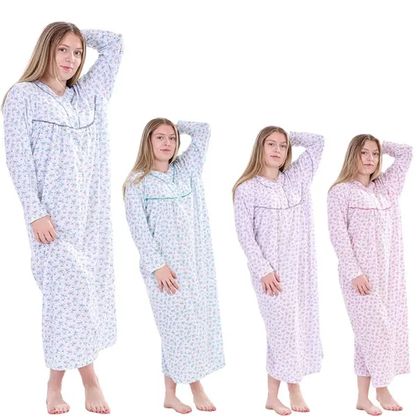 iTRONiK Women's 100% Cotton Long Sleeve Floral Nightdress - Soft and Comfortable Sleepwear M to 3XL