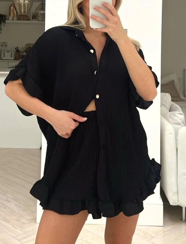 Women's Gold Buttons Pleated Shirt Short CO-ORD Set 1