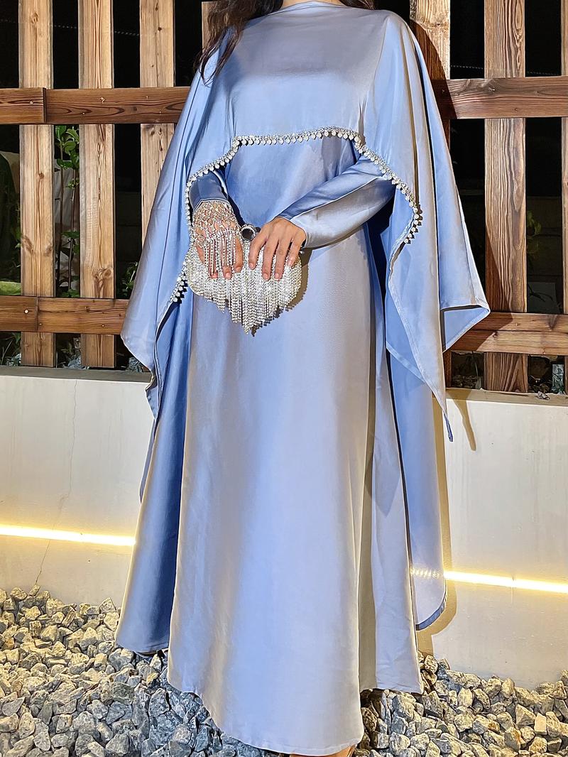 Product Introduction of 2025 Ramadan Promotion Two- piece Satin cape elegant dress , occasion abaya , Modest dress with pearl and crystal 25