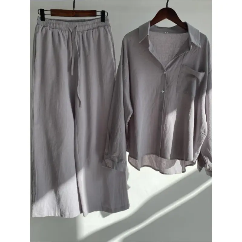 Autumn Women's Clothing 2025 New Fashionable Retro Cotton Linen Shirt High Waist Loose Long Sleeved Lace Up Pants Two-piece Set 2