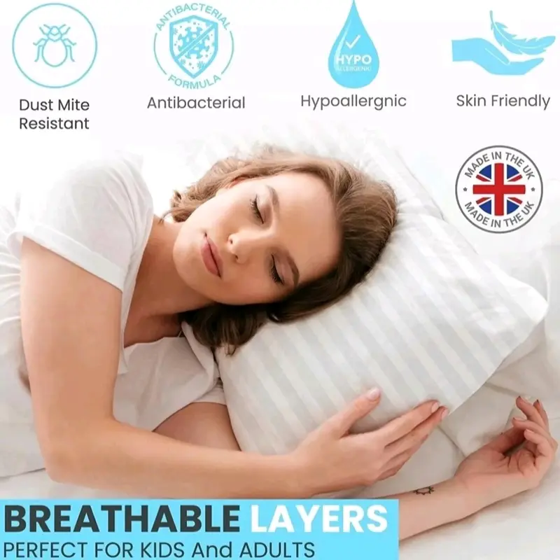 Pack of 4 Hotel Quality Egyptian Stripe Soft Pillows Hallowfibre Filled Bounce Back Designed For Back Stomach Neck Support 4