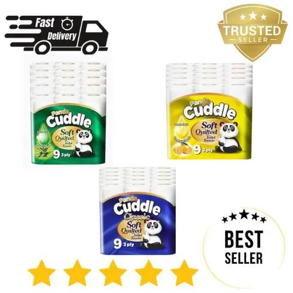 45 / 90 / 135 Panda Classic / Aloe Vera / Lemon Scented Fragranced Soft Quilted Gentile Toilet Tissue Paper Rolls 3 Ply Embossed Loo Roll Bathroom Paper Super Thick 200 Sheets Value Family Bundle Pack Personal Wall 0