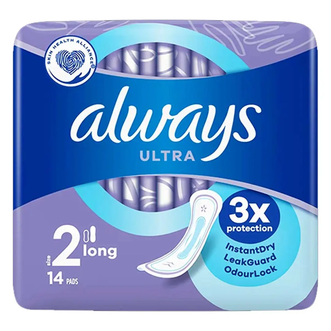 Always Ultra Long (Size 2) Sanitary Pads 14s - 3x Protection, InstantDry, LeakGuard, Odourlock, ComfortLock Comfort