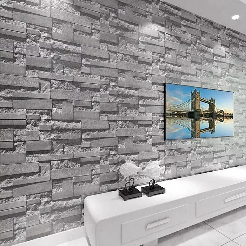 3D Effect Grey Brick Wallpaper Wall Shimmer Tones Effect Faux Metallic Feature 6