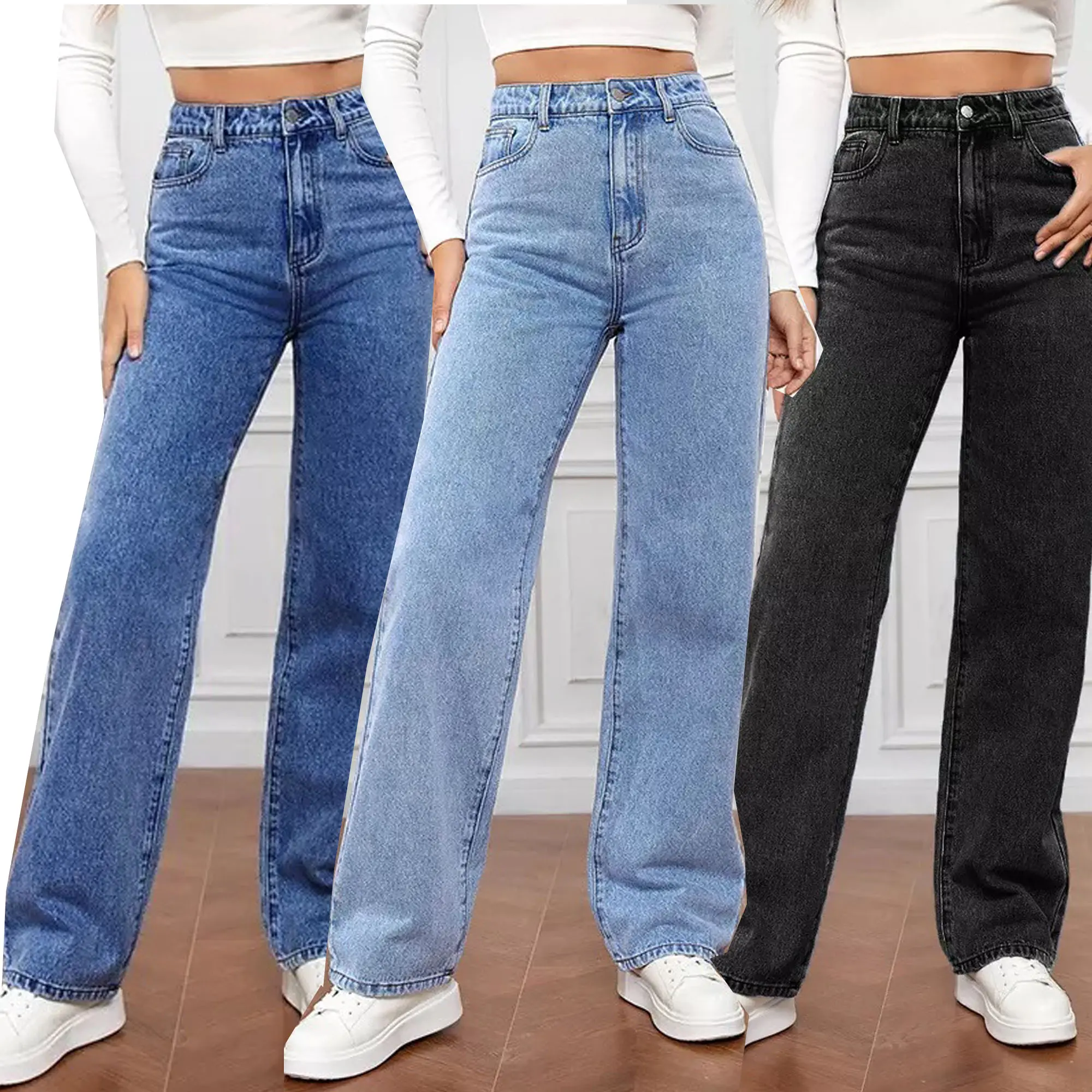 Want Clothing Elle Wide Leg Jeans Stretchy Denim Straight Leg Dad Jeans Trousers