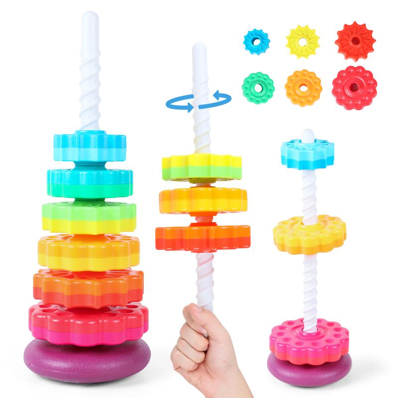 deAO Rainbow Stacking Tower Toy – Colorful Spiral Gear Stacking Game for Toddlers – Interactive Rotating Tower for Early Learning, Hand-Eye Coordination & Motor Skills Development – Safe & Durable Baby Toy 1