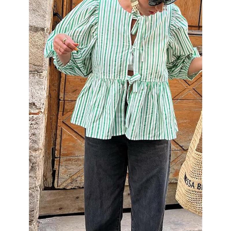 Springcmy Women Y2K Puff Sleeve Peplum Shirts Tie Front Ruffle Hem Babydoll Blouse Tops Tee Lace up Summer Tops Streetwear 4