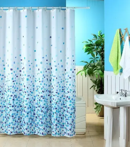 KAV Mosaic Blue On A White Background Polyester Shower Curtain Including 12 White Shower Curtain Rings/MOSAIC PATTERNED POLYESTER SHOWER CURTAIN (180 x 180)