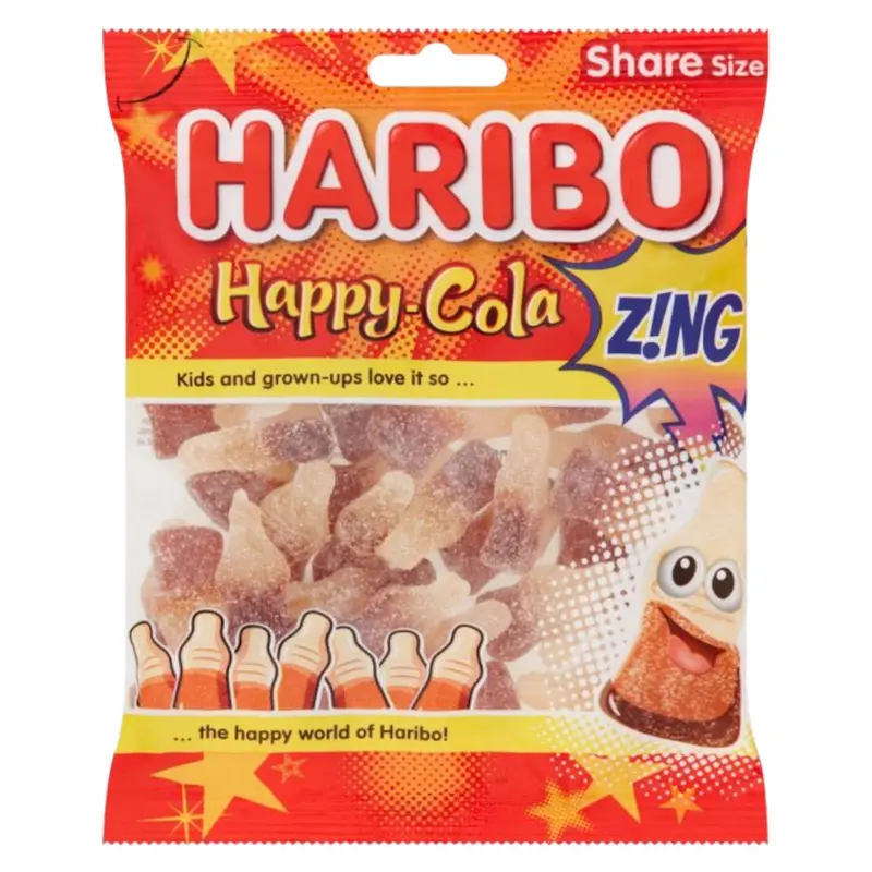Haribo Happy Cola Fizzy Bottles Sugar Zing - Gummy Sweet Share Bag 0