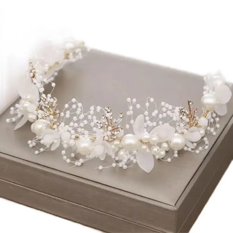 ICYBYAMON Bride Headband, Wedding Party Hair Band Rhinestones Hair Crown Crystal Pearl Hair Pc Tiara Hairbands Elegant Wedding Jewellery Accessories, Gold,White, 32.5cm x 3cm 0