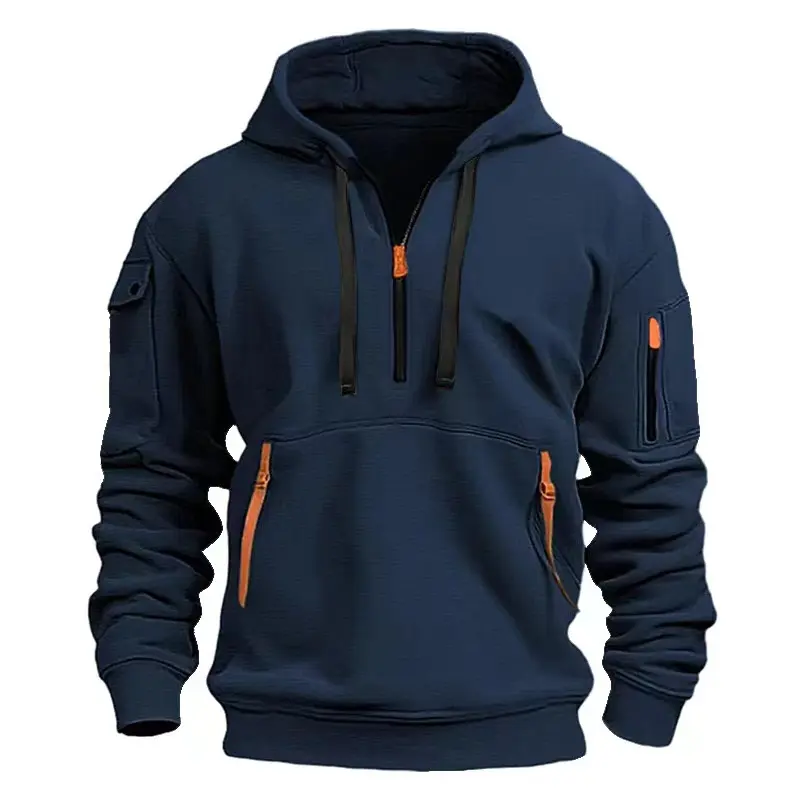 Men's Casual Fashion Hooded Sweatshirt with Multiple Zipper Pockets - 100% Polyester Knitted Fabric, Solid Color, Long Sleeve, Regular Fit 0