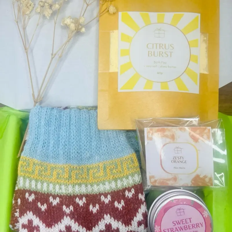 Mini Sample Box with Wax Melt, Bath Fizz, Body Balm, and Socks - Shea Butter  Skincare 3