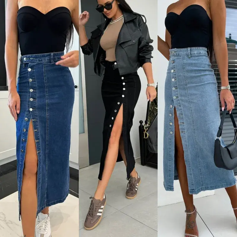 New Women's Clothing Buttons Irregular Split Half-body Denim Skirt High Waist Sexy Slim Hip Skirt 1