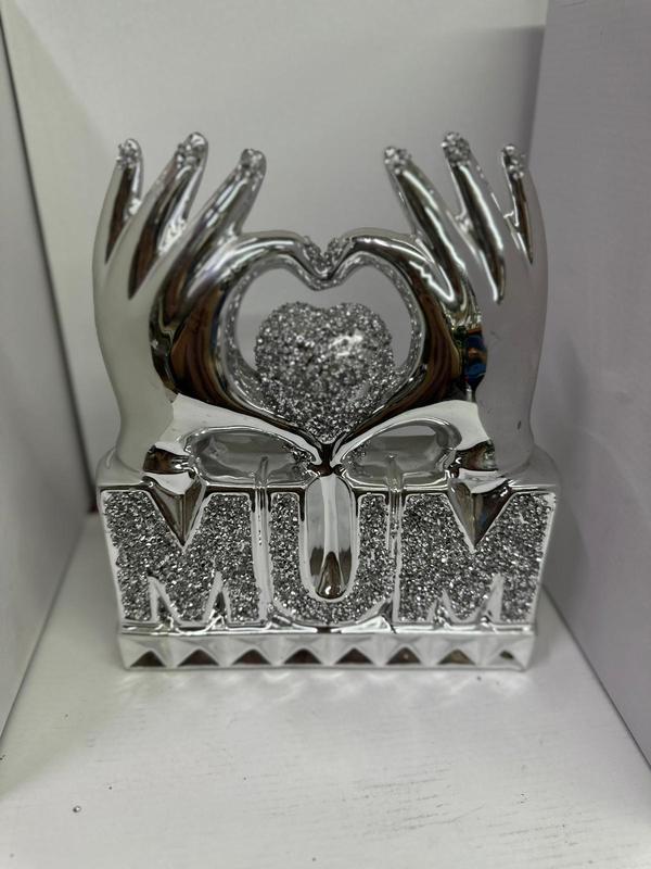 MUM  Heart Hand Silver Crushed Diamond Crystal Ornament Home Decor Gift Bling 1