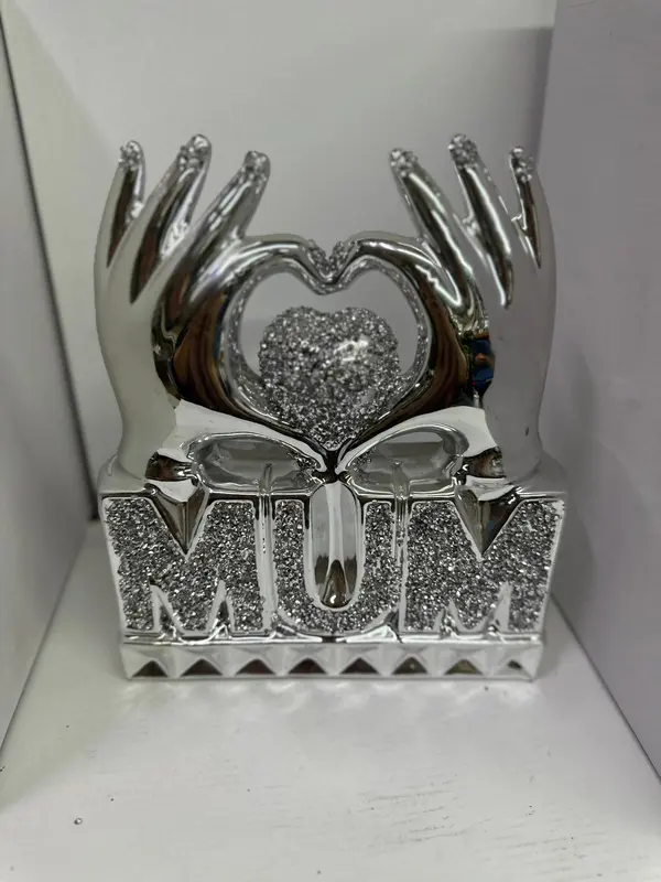 MUM  Heart Hand Silver Crushed Diamond Crystal Ornament Home Decor Gift Bling 1