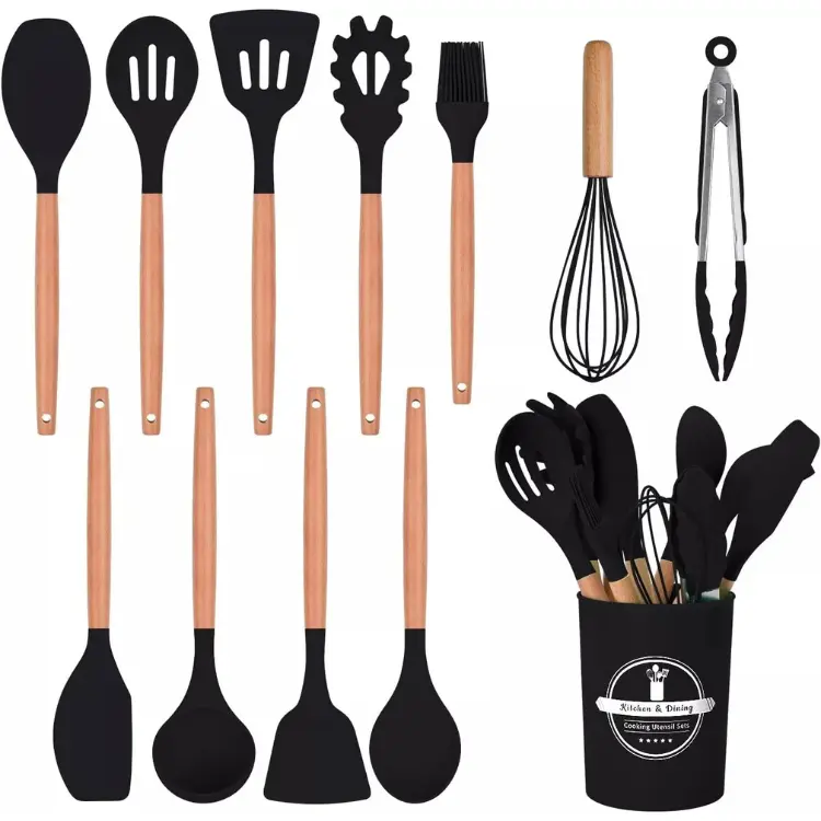 12 Peices Silicon Set Cooking Utensils, Non-stick Kitchenware Silicone Cooking Utensil Set With Wooden Handle , Cookware stirring ,BPA Free Cooking Utensil , Kitchen Supplies, Christmas Gift Aesthetic Lightweight Spatula Spoon Rustic