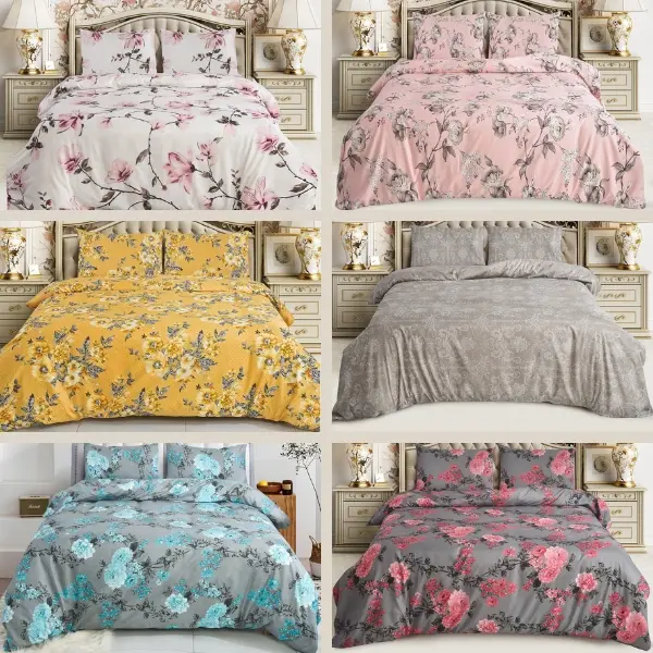 Luxury 4PCS Complete Printed Bedding Set, 1x Duvet Cover 1x Matching Deep Fitted Sheet and 2x Pillowcase Reversible Microfibre Quilt Cover Bed Set Single Double and King Size