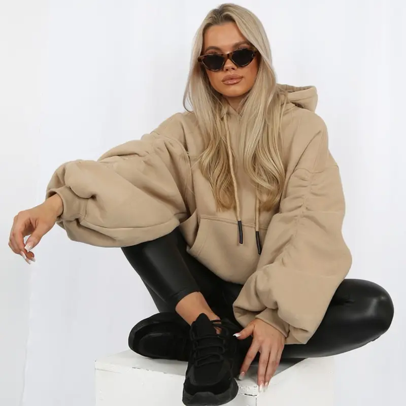 Ruched Sleeve Hooded Sweatshirt - Kora Cotton Long Sleeve Pocket Womenswear Baggy Oversize Style Sweaters Tops Underwear 7