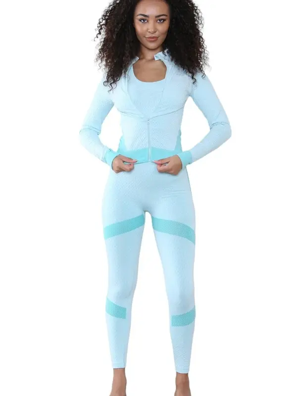 Women's Seamless 3-Piece Yoga Set - A Honey Comb Textured Material with Linear Detail And Cropped Zip Up Top. Gym Workout Fitness Tracksuit 3