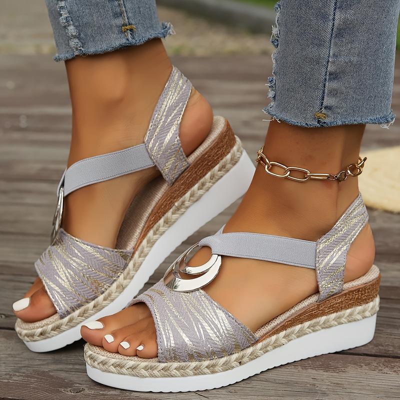 Product Introduction of Women's Solid Color Elegant Sandals, Metallic Buckle Design Platform Slingback Shoes, Casual Wedge Peep Toe Shoes Girl Footwear 5