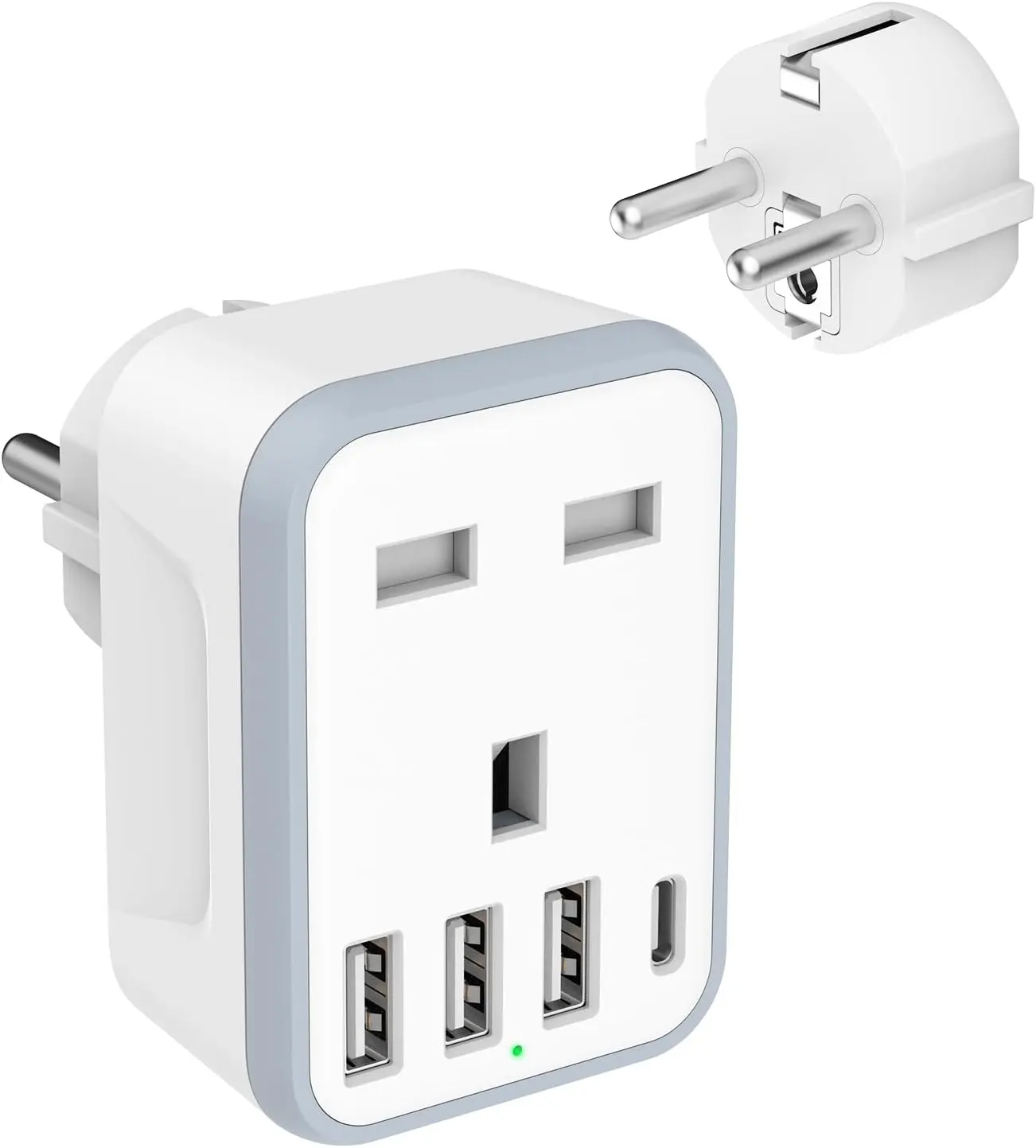European Travel Adapter, 5 in 1 UK to EU Euro Europe Travel Adapter with 4 USB Ports, Grounded Schuko European Plug Travel Adapter for Germany/France/Spain/Portugal/Poland/Austria (Type E/F)