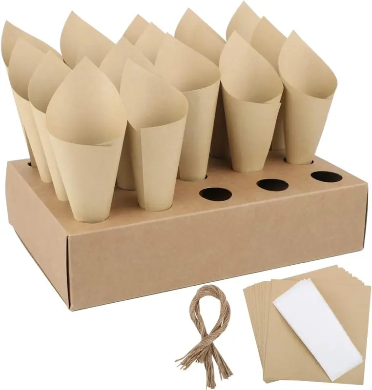 50Pcs Wedding Confetti Cones with Cones Tray Box Kraft Paper Cones Petals Bouquet Candy Chocolate Cones Holders for Wedding Party Favour Gifts, Include Hemp Ropes and Tape (Brown) 0