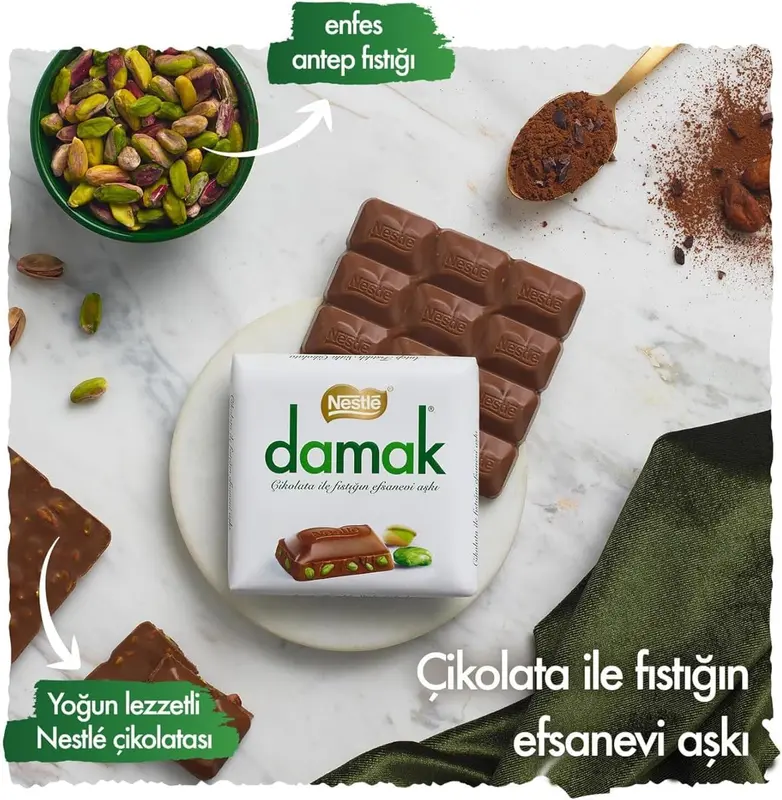 Damak Pistachio Chocolate Bar 60g - Premium Gift Snack, Rich Milk Chocolate with Crunchy Pistachios Blend Of Smooth, Rich Milk Chocolate And Crunchy, Premium Pistachios. Excellent Choice For Gifting, Snacking, Or Sharing With Loved Ones Dessert Bonbon 4