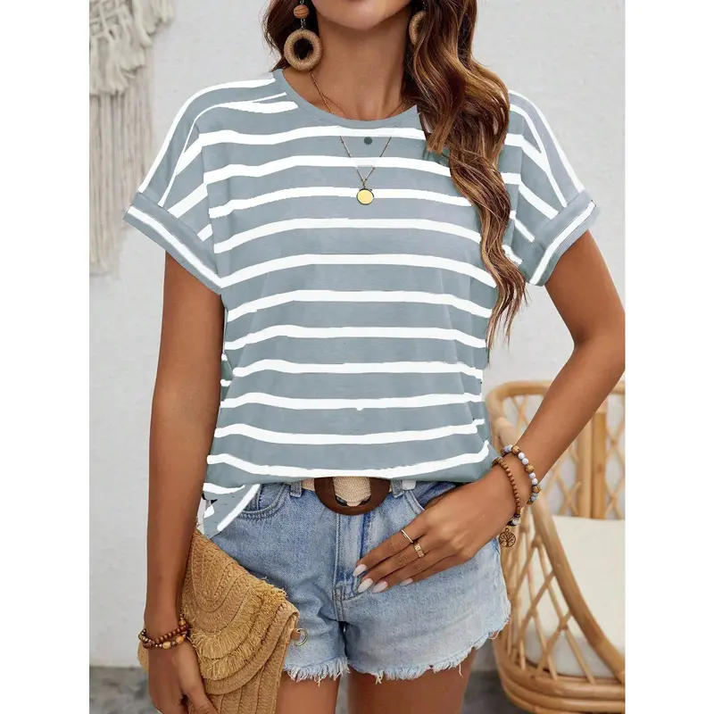 LUNE Women's Summer Striped & Printed Round Neck Batwing Short Sleeve Casual T-Shirt Graphic Tees Women Tops Fabric Fit 5