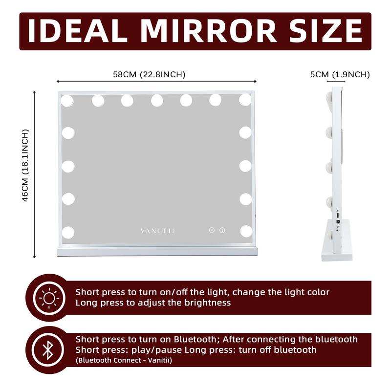 VANITII Hollywood Bluetooth Vanity Makeup Mirror with Lights 15 LED Standing Mirror Wall 8