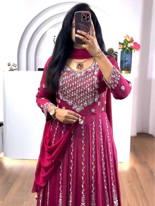 Luxury Embroidered Chinon Gown with Dupatta Comfort Outfit Traditional Women Womenswear Dress Dupatta Elegance Embroidery Elegant Soft Flared Flowy Formal Matching Party Piece Round Neck Sequins Sleeves Sleeves Statement 3