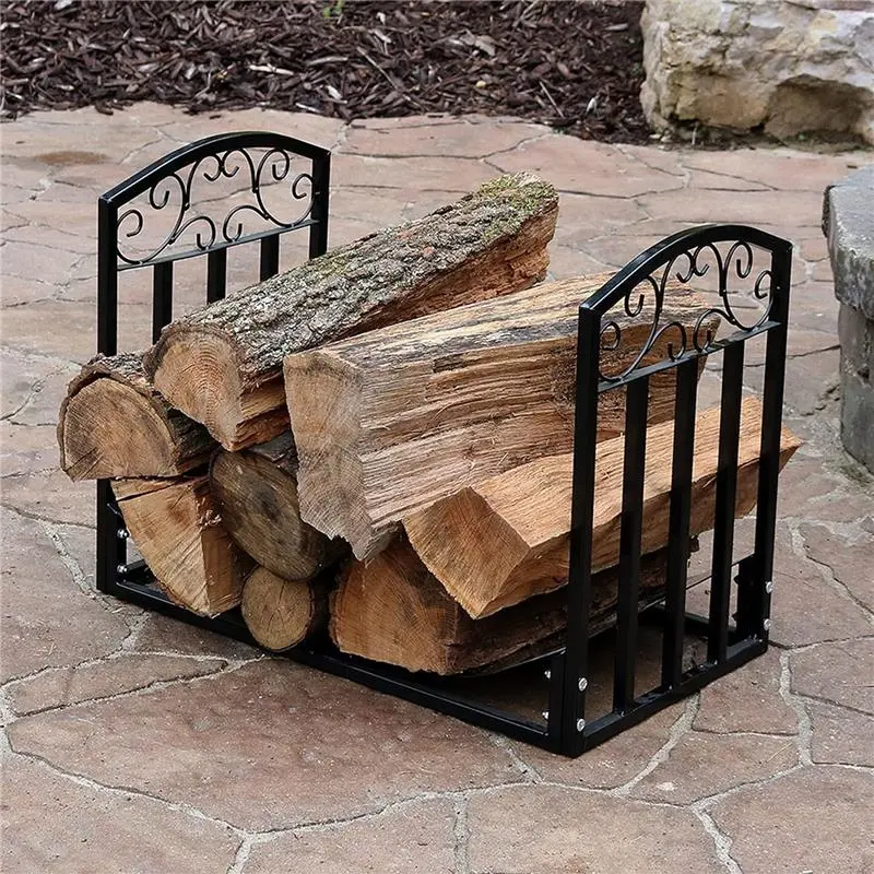 61 cm Firewood Log Storage Rack - Indoor/Outdoor Log Rack Black Powder-Coated Steel Decorative Fireplace Log Holder Metal Organiser Accessory Wooden 6