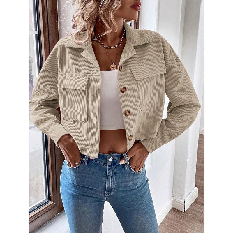 Franclia Flap Pocket Drop Shoulder Crop Corduroy Jacket Fit Long Sleeve 2