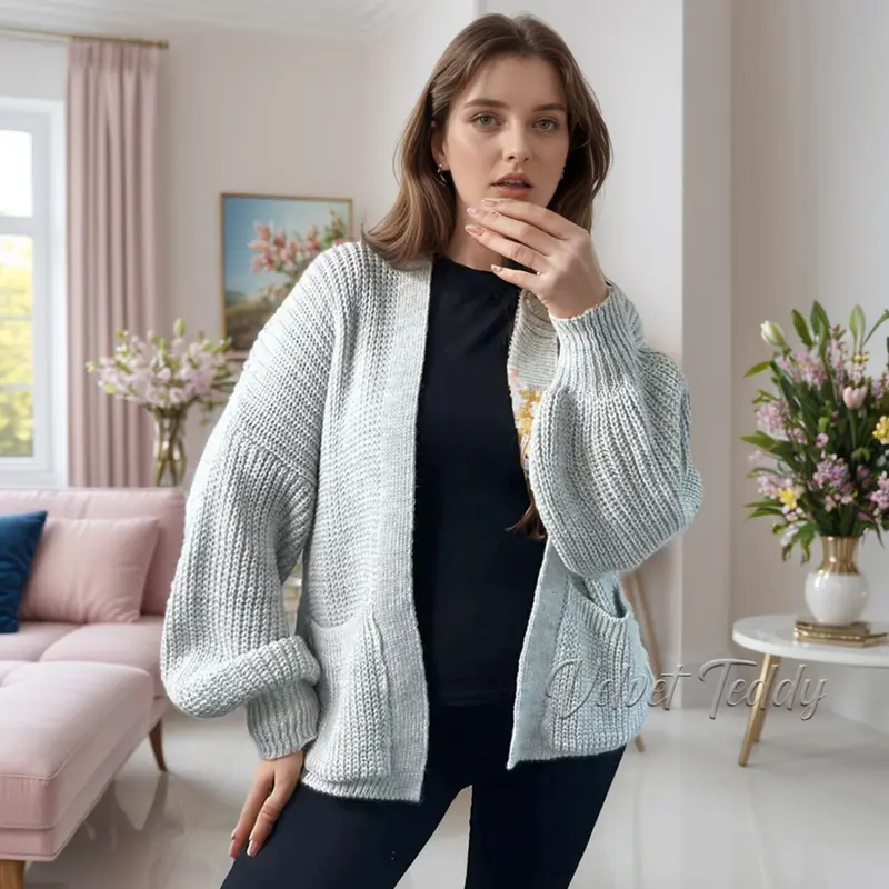 Elegance Long Balloon Sleeve Cardigan Pocket Knitted Open Cropped Cardigan Ladies Oversized Cardigan Plus Size 5