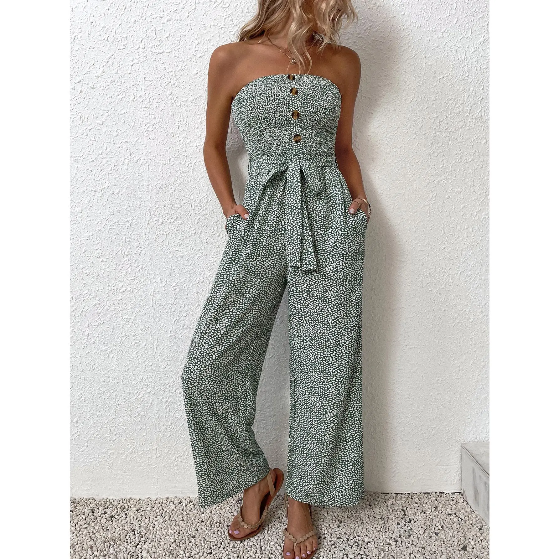 Holidaya Allover Heart Print Pocket Side Belted Tube Jumpsuit Fit Womenswear Overalls Sleeve Comfort Comfort Fabric Bohemian Boho Multicolor Sleeveless