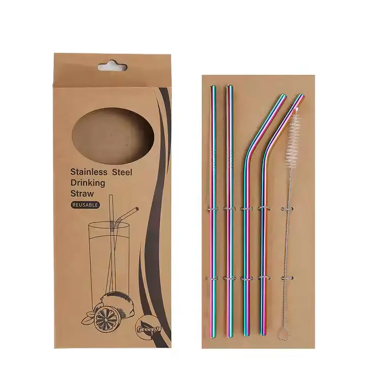 Reusable Stainless Steel Straws Set with Cleaning Brush and Kraft Box for Milkshake, Tea, Juice and Cocktails - Kitchen, Utensils