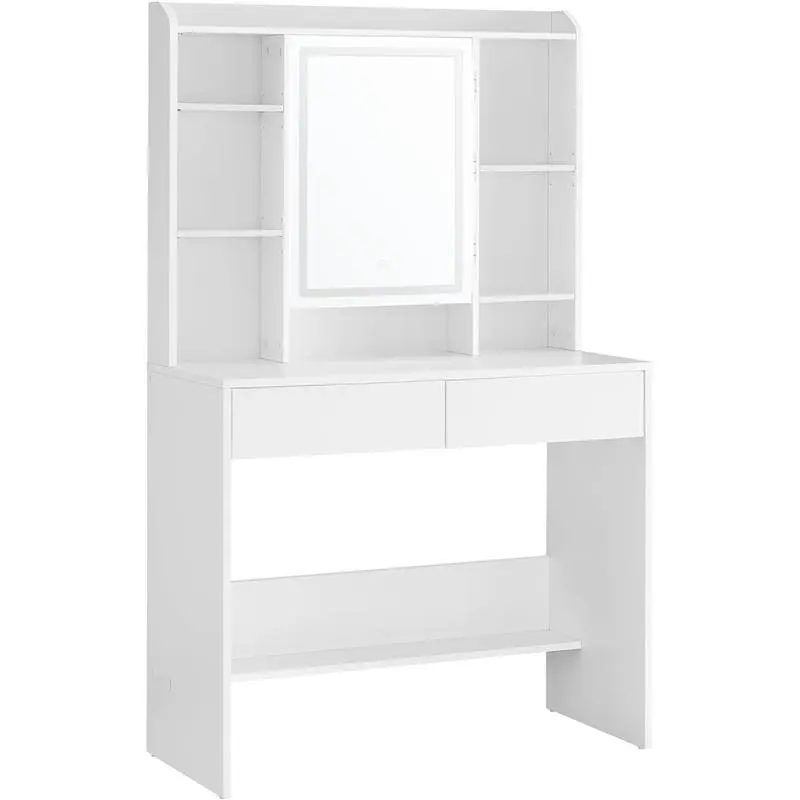 Dressing Table with LED Lights, 3 Light Colours, Adjustable Brightness, Vanity Desk with Mirror, Spacious, Vanity Table with Adjustable Shelves, 2 Drawers, Makeup Desk, Modern, White RDT123W01