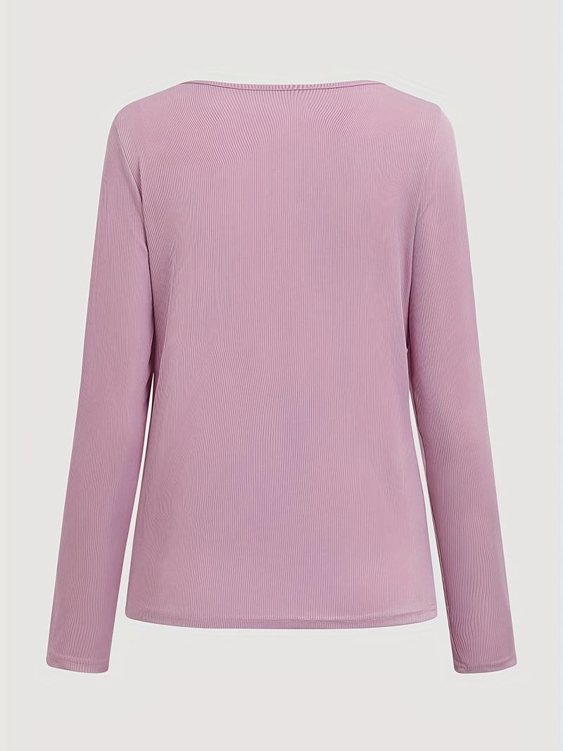 Product Introduction of Solid Ribbed Zipper Front T-Shirt, Casual Long Sleeve T-Shirt For Spring & Fall, Women's Clothing 11