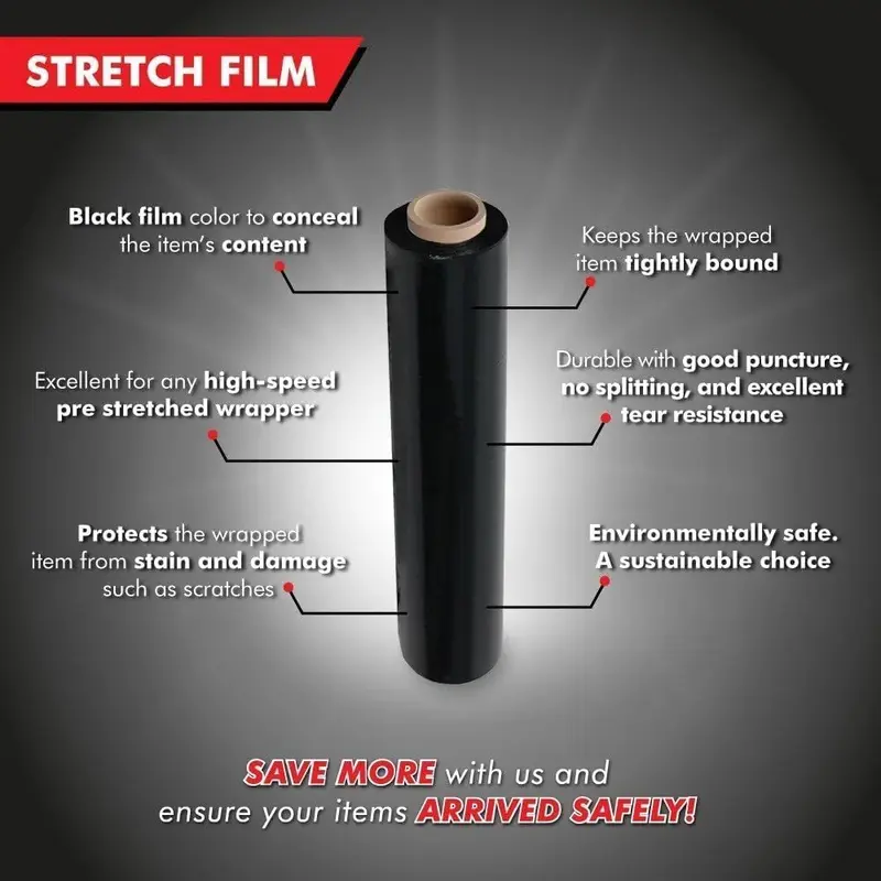Efforias | Pack of 6 Multi Use Strong Black Pallet Wrap Film | Tear Resistant | Water & Moisture Proof Pallet Stretch Shrink Wrap| High-Quality Easy to Use Pallet Wrap 400mm x 250m 3