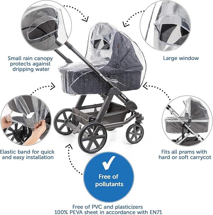 Universal Grey Rain Cover for Pram Carrycot (Hauuck, Joie, ABC-Design etc.) - Air Circulating, Water Resistant and Durable Baby Protection Rain Shield 1